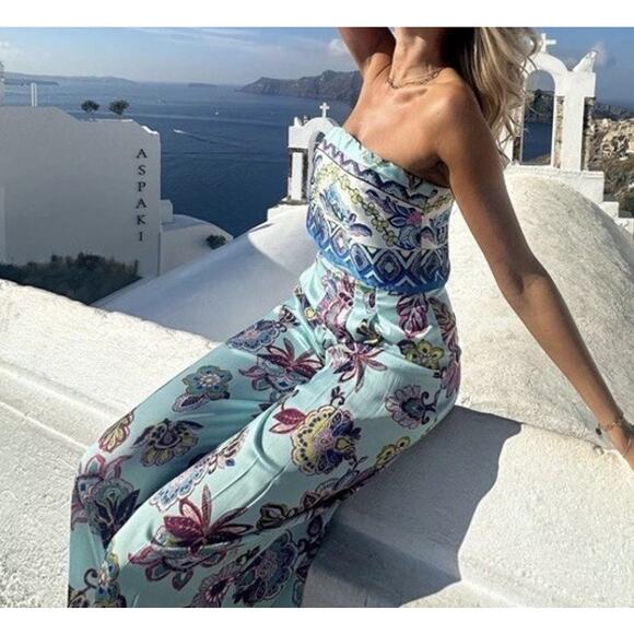ZARA Strapless Satin Wide Leg Printed Jumpsuit Blue Medium - Picture 1 of 10